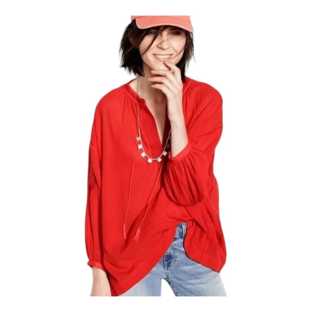 Madewell Openview Embroidered Tunic Red Cotton Boho Peasant Blouse Size S Small